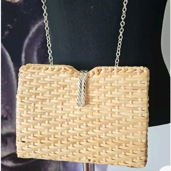 ZARA WOMAN Straw Chainlink‎ Strap Handbag Tan Gold Tone Hardware Purse - Picture 2 of 7